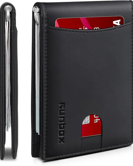 RUNBOX Slim Wallet for Men Genuine Leather RFID Blocking Bifold Minimalist Front Pocket Mens Wallet with Money Clip Thin Gift Box
