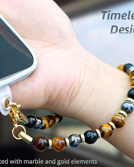 Marble Beaded Phone Wrist Strap,Detachable Phone Bracelet Strap with Tether Tab,Hands-Free Wristlet Strap (Yellow Tiger Eye)