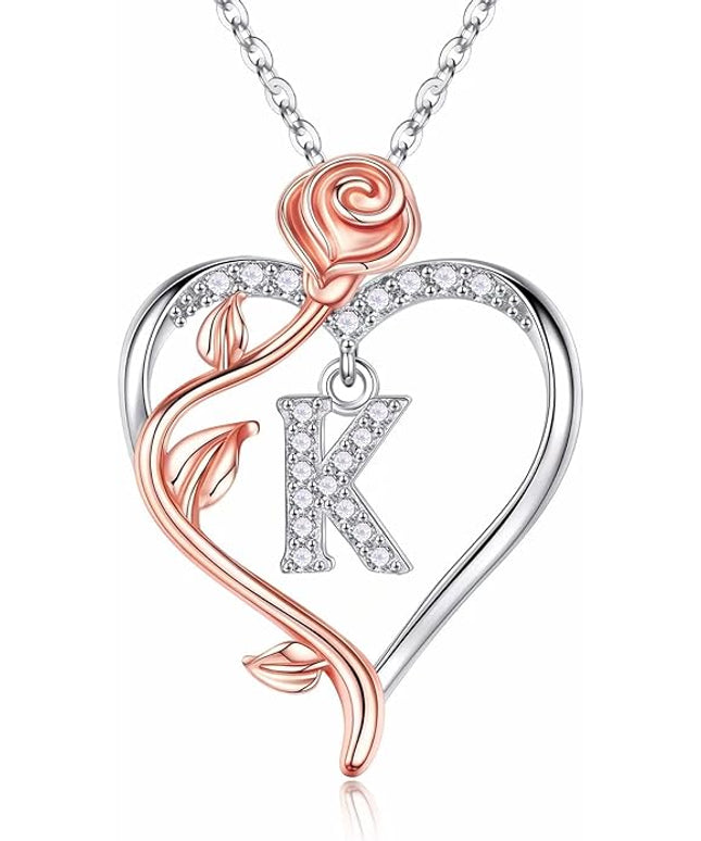 Iefil Christmas Gifts for Women Wife - 925 Sterling Silver Rose Heart Initial Necklace, Anniversary Birthday Gifts for Women, Jewelry Gift for Her Wife Girlfriend Mom Daughter
