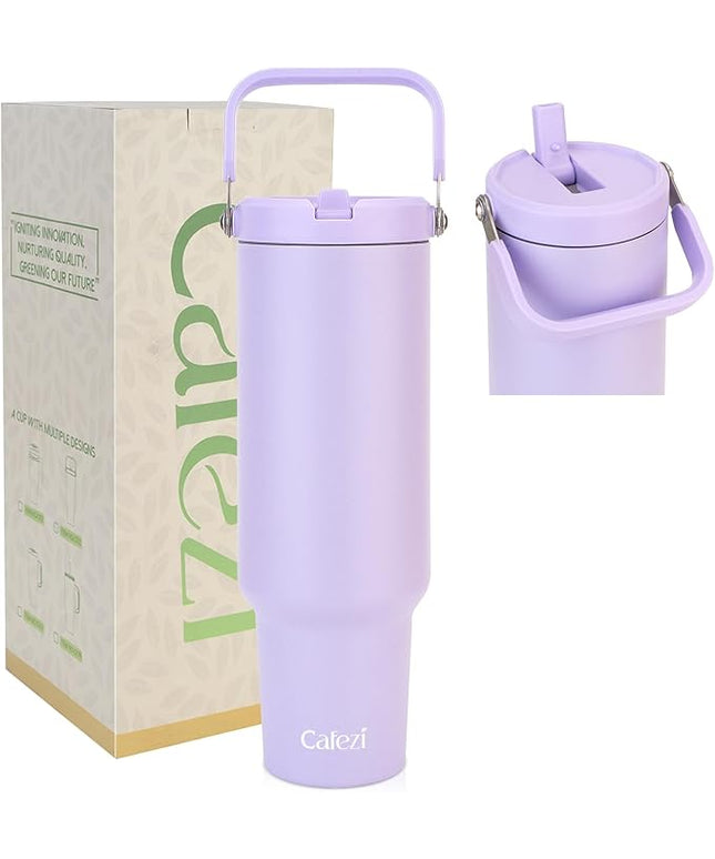 50 oz Insulated Water Bottle, Stainless Steel Water Bottles with Flip Straw and Top Handle, Leak Proof Flip, No Sweat, Fits in Cup Holder, Vacuum Insulated Cup for Home, Office, Outdoors, Car