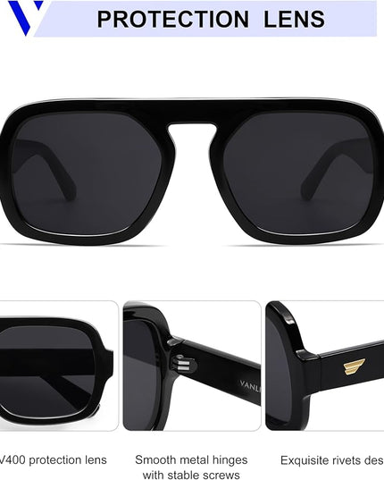 VANLINKER Oversized Retro Square Aviator Sunglasses for Women Men 70s Vintage Style Trendy Big Flat Top Sun Glasses VL9826