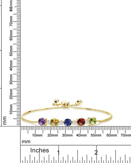 Gem Stone King 5.26 Cttw Customized Personalized 5-Stone Tennis Bracelet For Women | 18K Yellow Gold Plated Silver | Gemstone Birthstone | Adjustable Bolo Bracelet For Women | Easy-On Easy-Off
