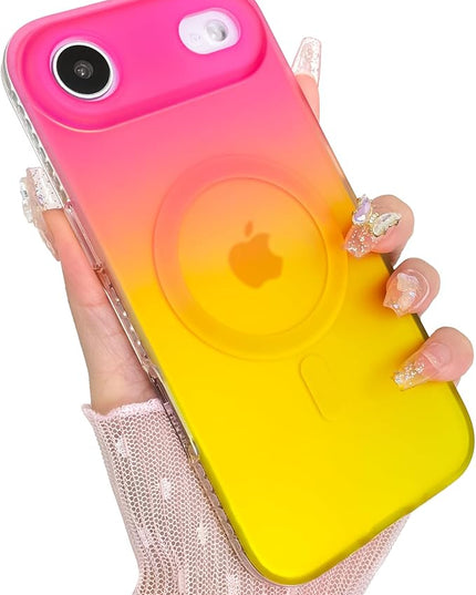 Aesthetic Case for iPhone Air Case for Women Girls [Compatible with Magsafe] Cute Girly Trendy Glitter Sparkly Rainbow Magnetic Protective Phone Cover, Matte Iridescent Red & Yellow