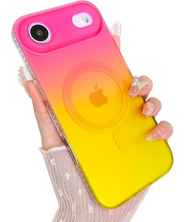Aesthetic Case for iPhone Air Case for Women Girls [Compatible with Magsafe] Cute Girly Trendy Glitter Sparkly Rainbow Magnetic Protective Phone Cover, Matte Iridescent Red & Yellow