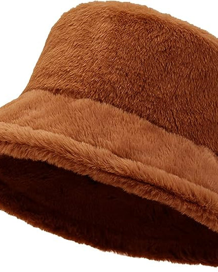 Women Plush Fluffy Bucket Hat Warm Lining Winter Faux Fur Cozy Wide Brim Winter