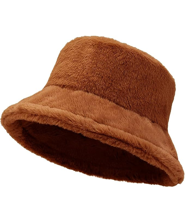 Women Plush Fluffy Bucket Hat Warm Lining Winter Faux Fur Cozy Wide Brim Winter