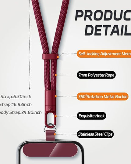 3 Pack Phone Lanyard,1×Phone crossbody strap,1×Phone Neck Strap,1×Wrist Strap,3×Tether Tabs,Universal Cell Phone Multifuctional Patch Polyester Lanyards(Wine)