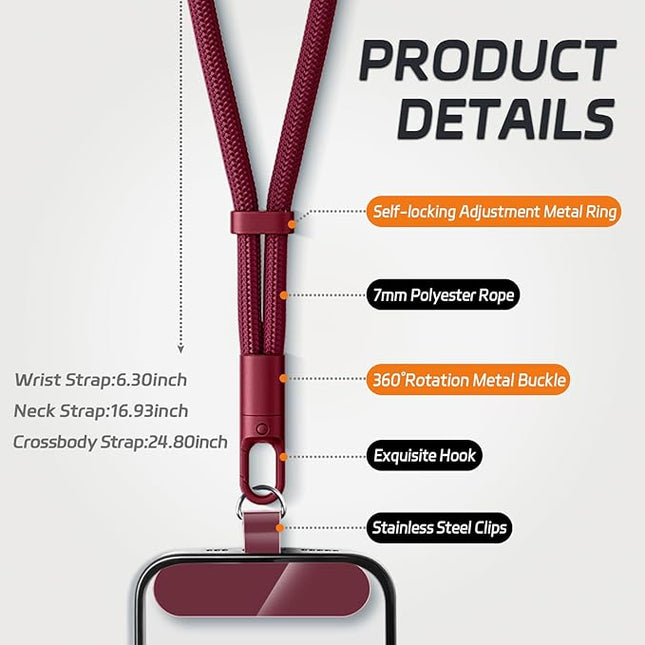 3 Pack Phone Lanyard,1×Phone crossbody strap,1×Phone Neck Strap,1×Wrist Strap,3×Tether Tabs,Universal Cell Phone Multifuctional Patch Polyester Lanyards(Wine)