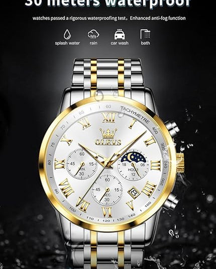 OLEVS Mens Watch Luxury Big Face Stainless Steel Analog Quartz Multifunctional Waterproof Luminous Date Two Tone Fashion Dress Wrist Watches for Man