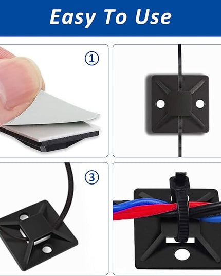 Strong Back-Glue Self Adhesive Cable Zip Tie Mounts Kit - 100 Set Cable Management Clips with 6" Zip Ties, Wire Holders - Outdoor Sticky Wire Organizer Clips-Black