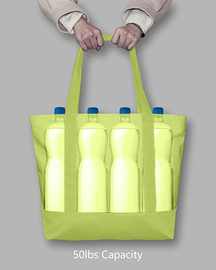 TOPDesign 1-Pack Canvas Tote Bag with an External Pocket, Reusable Grocery Shopping Bag, Top Zipper Closure, Daily Essentials (Light Green)