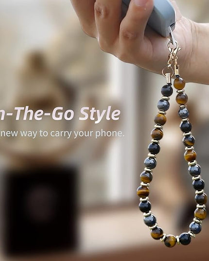 Marble Beaded Phone Wrist Strap,Detachable Phone Bracelet Strap with Tether Tab,Hands-Free Wristlet Strap (Yellow Tiger Eye)
