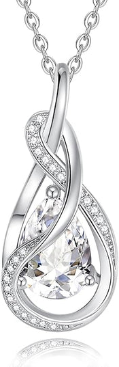 FANCIME TimelessTie Birthstone Necklace for Women White Gold Plated Sterling Silver Ribbon Design Jewelry Knot Pendant Fine Jewelry Gemstone Birthday Graduation Anniversary Christmas Gifts for Women Wife Mother Her
