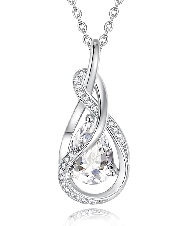 FANCIME TimelessTie Birthstone Necklace for Women White Gold Plated Sterling Silver Ribbon Design Jewelry Knot Pendant Fine Jewelry Gemstone Birthday Graduation Anniversary Christmas Gifts for Women Wife Mother Her
