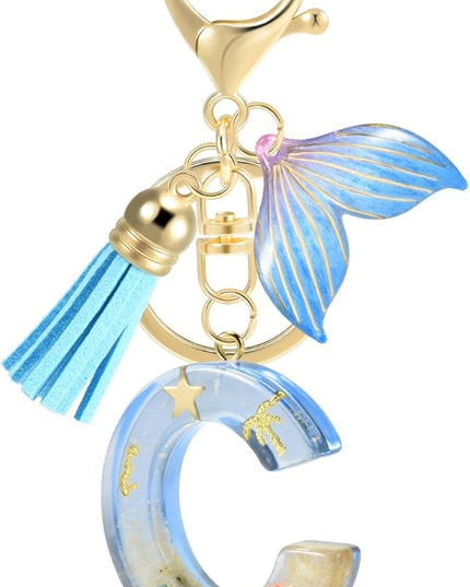 Initial letter Keychains for Women, Ocean Series Avowing Protect Earth Environment, Tassel Cute Car Keychain Initial Key Chain Keyring for Bookbag Handbag Backpack Charm Key Ring Unisex (Letter C)