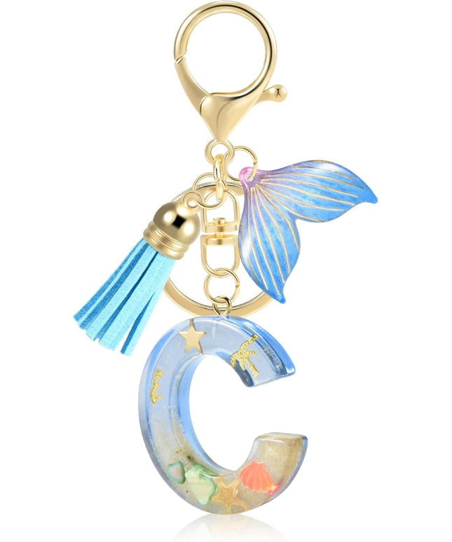 Initial letter Keychains for Women, Ocean Series Avowing Protect Earth Environment, Tassel Cute Car Keychain Initial Key Chain Keyring for Bookbag Handbag Backpack Charm Key Ring Unisex (Letter C)