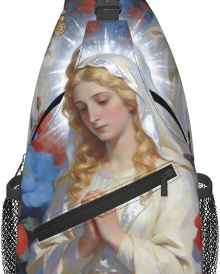 Our Lady of Guadalupe Sling Bag Crossbody Bags Clovers Chest Bag for Travel Hiking for Men Women White Mary 2