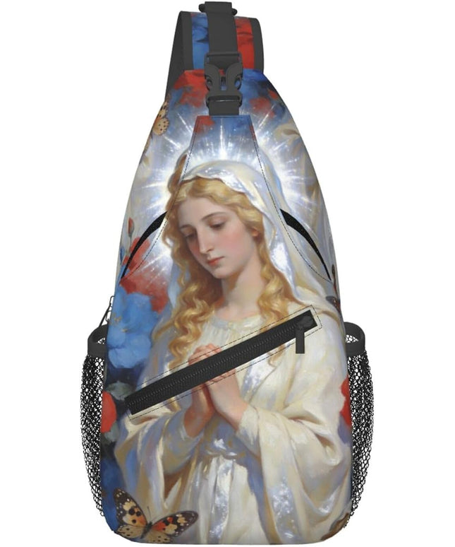 Our Lady of Guadalupe Sling Bag Crossbody Bags Clovers Chest Bag for Travel Hiking for Men Women White Mary 2