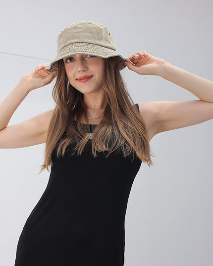 kozinu Washed Cotton Bucket Hats Packable Summer Outdoor Cap Travel Beach Sun Hat Plain Colors for Men Women