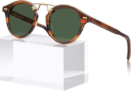 CARFIA Small Face Acetate Polarized Sunglasses for Women UV Protection, Retro Double Bridge Eyewears Metal Brow Round Sunnies