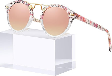 CARFIA Small Face Acetate Polarized Sunglasses for Women UV Protection, Retro Double Bridge Eyewears Metal Brow Round Sunnies