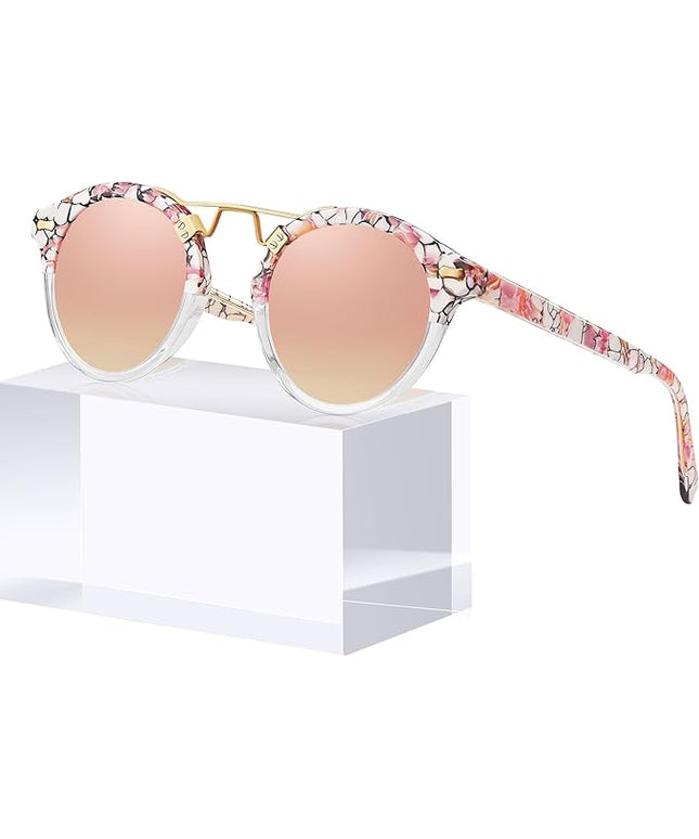 CARFIA Small Face Acetate Polarized Sunglasses for Women UV Protection, Retro Double Bridge Eyewears Metal Brow Round Sunnies