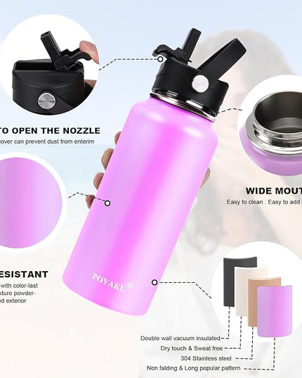 Water Bottle Insulated 32oz 40oz 64oz 128oz Straw Lid Spout Lid & 3 Lids, Leak Proof, Vacuum Insulated,Stainless Steel Water Bottle Wide Mouth for Sports, Gym or Office