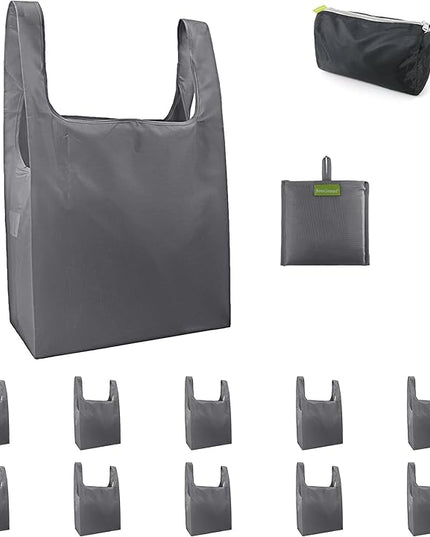 BeeGreen Grey Reusable Grocery Bags with Zipper Storage Pouch 10 Packs Gray Reusable Shopping Bags Bulk Foldable-Machine Washable