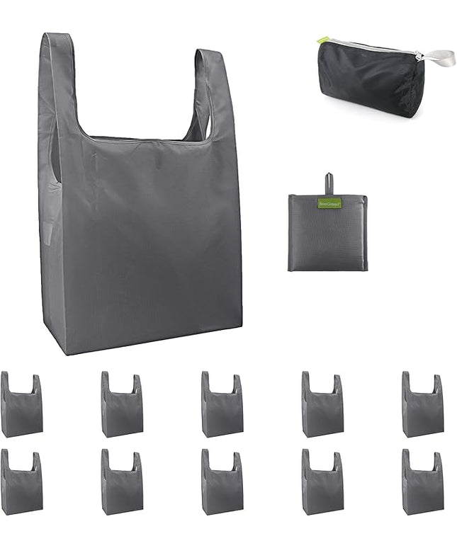 BeeGreen Grey Reusable Grocery Bags with Zipper Storage Pouch 10 Packs Gray Reusable Shopping Bags Bulk Foldable-Machine Washable