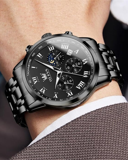 OLEVS Mens Watch Luxury Big Face Stainless Steel Analog Quartz Multifunctional Waterproof Luminous Date Two Tone Fashion Dress Wrist Watches for Man