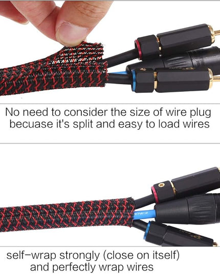 Alex Tech 25ft - 3/8 inch Cord Protector Wire Loom Tubing Cable Sleeve Split Sleeving For USB Cable Power Cord Audio Video Cable – Protect Cat From Chewing Cords - Blackred