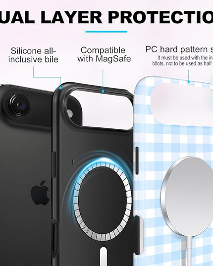 Magnetic for iPhone 17 Air Case Cute Checkered Stripes Phone Case for Women Girls, Shockproof Slim TPU and Hard PC Protective Phone Cover Compatible with MagSafe Designed, Blue