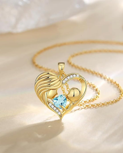 FANCIME Mom Birthstone Necklace Mother and Child Love Heart Necklace I Love You Mom Gifts Mothers Day Birthstone Jewelry Gifts for Grandmother Women Wife, 16"+2" Inches