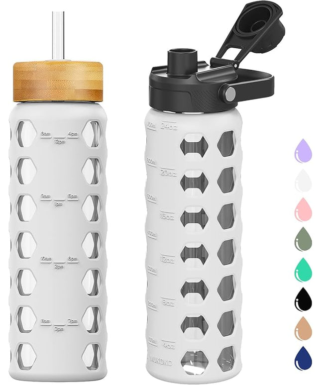 MUKOKO Glass Water Bottles, 24oz Glass Tumbler with Straw, Drinking Bottles with 2 Lids-Handle Spout Lid&Bamboo Straw Lid, Motivational Water Bottle with Time Marker and Silicone Sleeve, 1 Pack-White