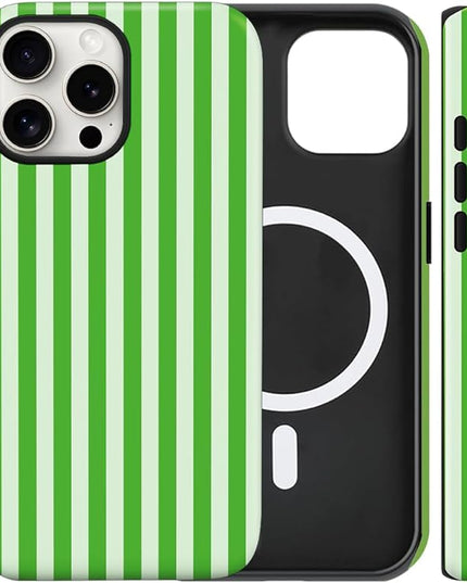 Magnetic for iPhone 17 Case Cute Stripes Phone Case, Shockproof Slim TPU and Hard PC Protective Phone Cover Compatible with MagSafe Designed for Women Girls, Deep Green