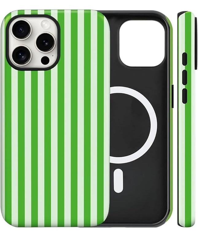 Magnetic for iPhone 15 Pro Case Cute Stripes Phone Case, Shockproof Slim TPU and Hard PC Protective Phone Cover Compatible with MagSafe Designed for Women Girls, Deep Green