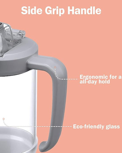 32oz Glass Water Bottle, 2-in-1 Straw and Sip Spout Lid, Leakproof Wide Mouth Tumbler with Handle, BPA-Free Reusable Bottle for Sports, Office, Outdoor, White