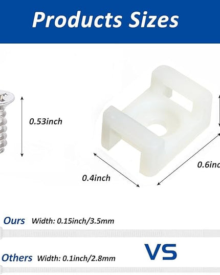 Cable Zip Tie Mounts Kit - 120 Set Wire Cable Clips Organizer Holders with 8" Cable Ties, Saddle Type Mounts Base and Tapping Screw, White