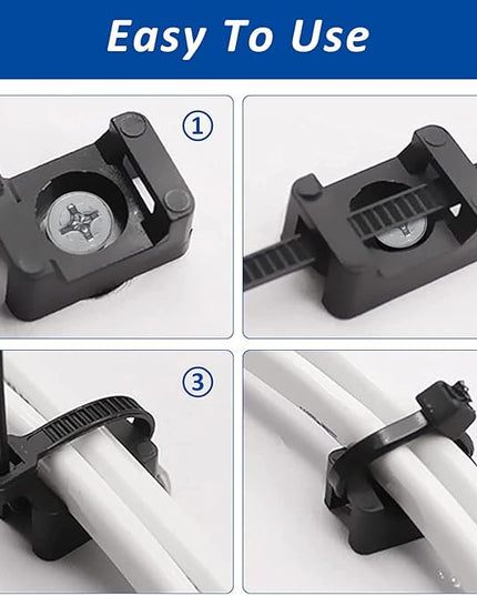 Cable Zip Tie Mounts Kit - 60 Set Wire Cable Clips Organizer Holders with 8" Cable Ties, Saddle Type Mounts Base and Tapping Screw, Black