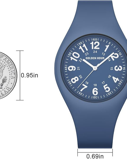 GOLDEN HOUR Waterproof Sports Analog Unisex Watches for Nurse Medical Professionals, Students - Military Time Glowing Easy to Read Dial, Jelly Silicone Strap