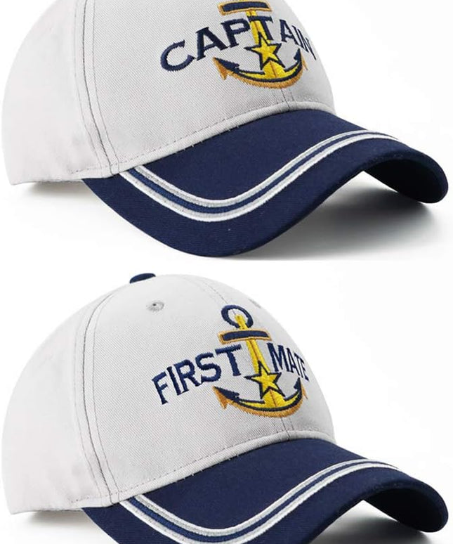 Captain Hat & First Mate | Matching Skipper Boating Baseball Caps | Nautical Marine Sailor Navy Hats
