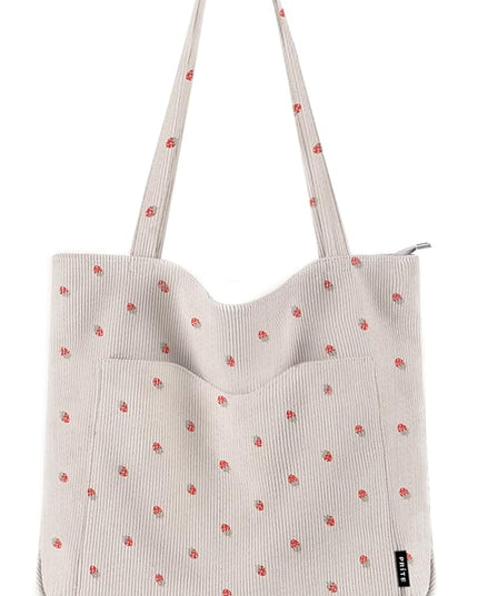 Prite Corduroy Tote Bag for Women Large Shoulder Bag with Zipper and Pockets for College Work Travel Shopping