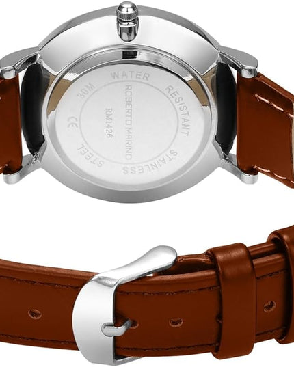 Roberto Marino RM1423 Men’s Luxury Watch – Japanese Quartz, Leather Strap, White Dial, 3 ATM Water Resistant