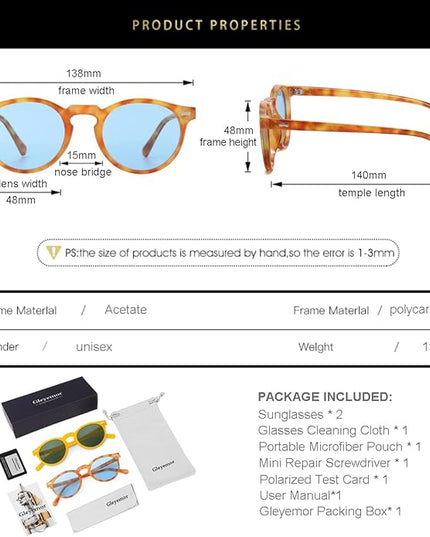 Gleyemor Vintage Polarized Sunglasses for Men Round Sunglasses UV400 Protection Retro Hand-crafted Acetate Frame