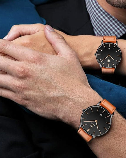 L LAVAREDO Watch for Men, Extremely Thin Mens Watches Minimalist Analog Men's Leather Wrist Watches with Time/Date, Birthday Gift for Men Boyfriend