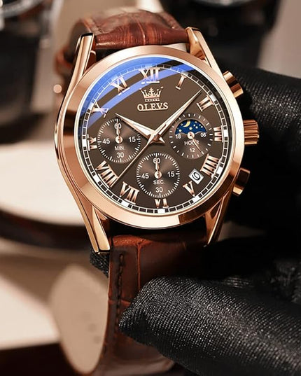 OLEVS Men's Watches Leather Strap Analog Quartz Watch, Fashion Big Dial Date Waterproof Watch, Dress Luxury Luminous Men Watches