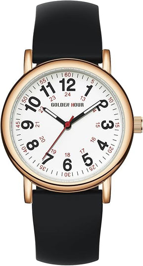 GOLDEN HOUR Waterproof Nurse Watch for Medical Professionals, Students Women Men - Military Time Luminouse Easy Read Dial, 24 Hour with Second Hand, Colorful Silicone Band