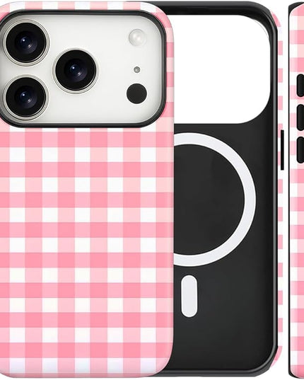 Magnetic for iPhone 17 Pro Max Case Cute Checkered Stripes Phone Case for Women Girls, Shockproof Slim TPU and Hard PC Protective Phone Cover Compatible with MagSafe Designed, Red