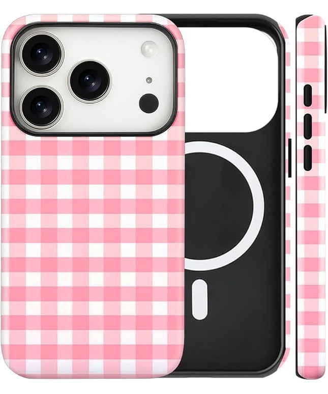 Magnetic for iPhone 17 Pro Max Case Cute Checkered Stripes Phone Case for Women Girls, Shockproof Slim TPU and Hard PC Protective Phone Cover Compatible with MagSafe Designed, Red