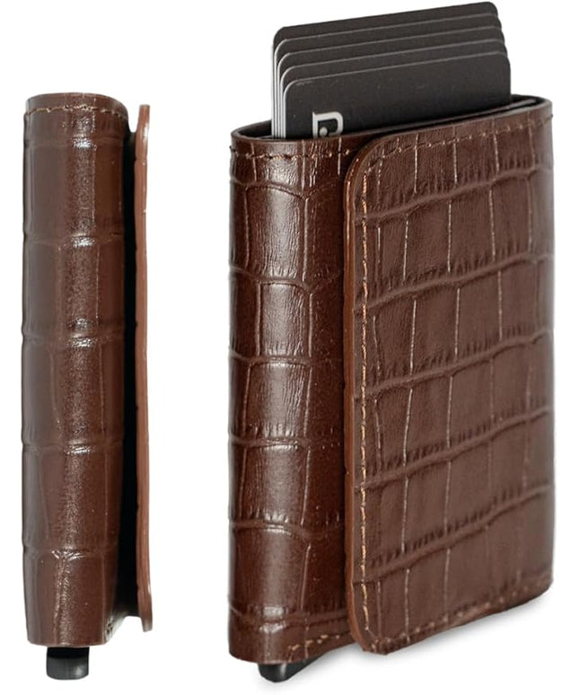 Jenoss Smart Wallet For Men: Full Grain Leather, Handcrafted, Slide Metal Pop Up Case, Slim RFID Blocking Credit Card Holder, Minimalist, Compact, 6-8 Cards Organizers, Front Pocket, Clip (Burgandy)